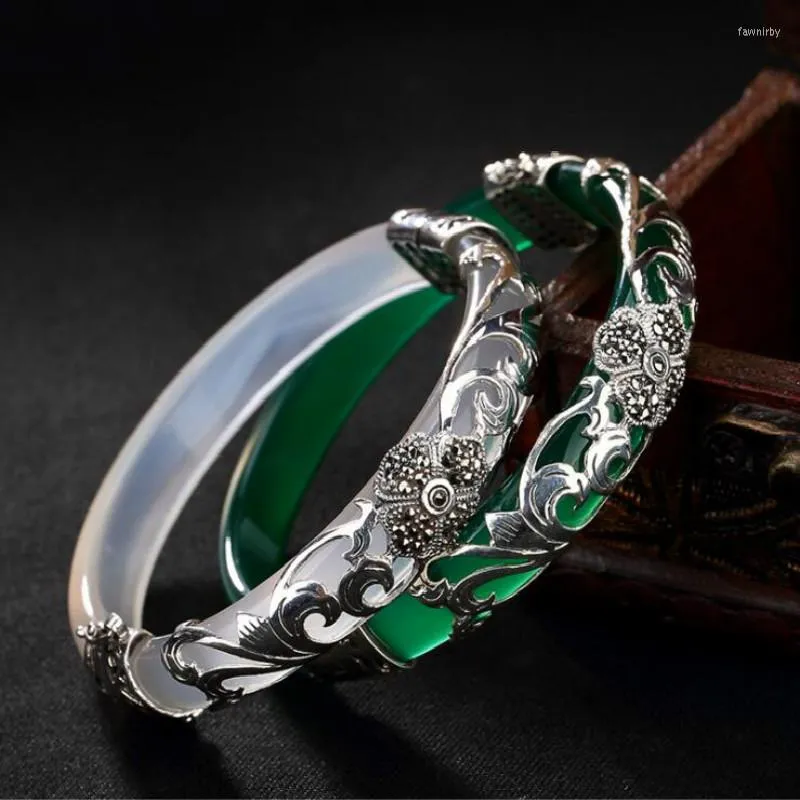 Bangle Pure 925 Silver Green White Opal Marcasite S925 Sterling Diâmetro de 5,9 cm de pulseira para joias femininas