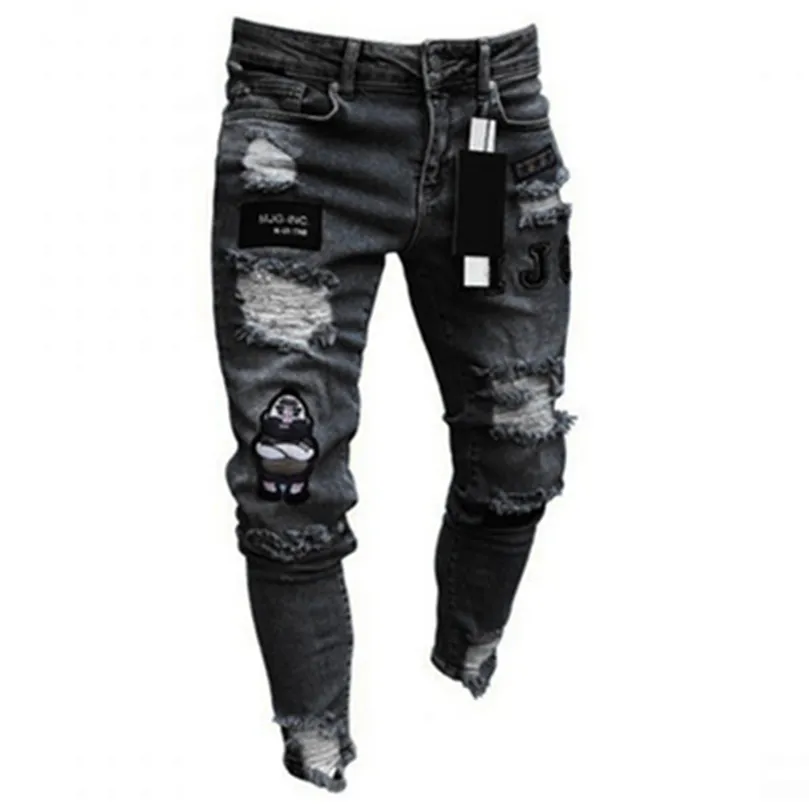 Jeans masculinos Men elástico rasgado para o moto skinny bordando desenho animado impressão destruída buraco slim fit jeans de alta qualidade hip hop preto 220928