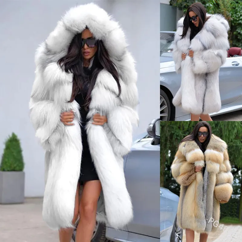 Fashion Faux Fur Coat Long Medium Length Hat Collar Hooded Overcoat Autumn Winter Women's Wear