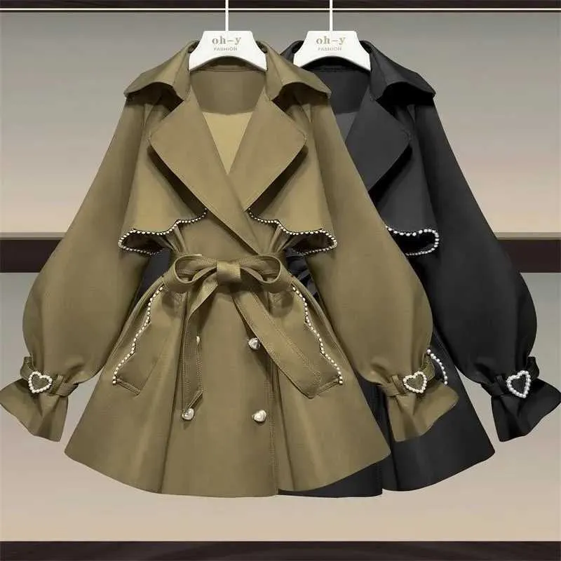 Trench Coats Pesado Indústria com miçangas casaca feminina Autumn da primavera 2022 Novo colistão coreana Tops de manga longa Terno Windbreaker Outerwear Y2209
