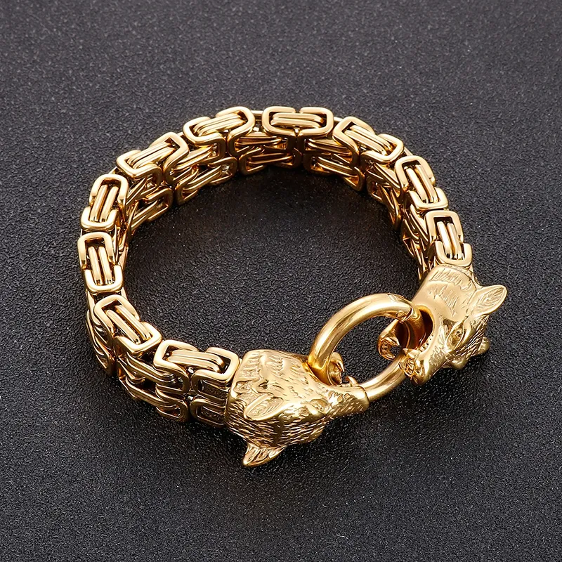 Мужской из нержавеющей стали византийской цепной браслет двойной волки конец браслет тяжелый вес 108 г золотой 8,66 дюйма 7 мм