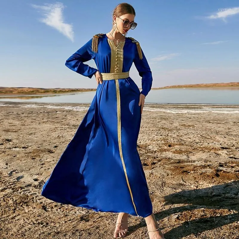 Ethnic Clothing Blue Satin Abaya Dubai Turkish Islam Kaftan Arabic Long Muslim Dress Djellaba Femme African Dresses For Women Caftan