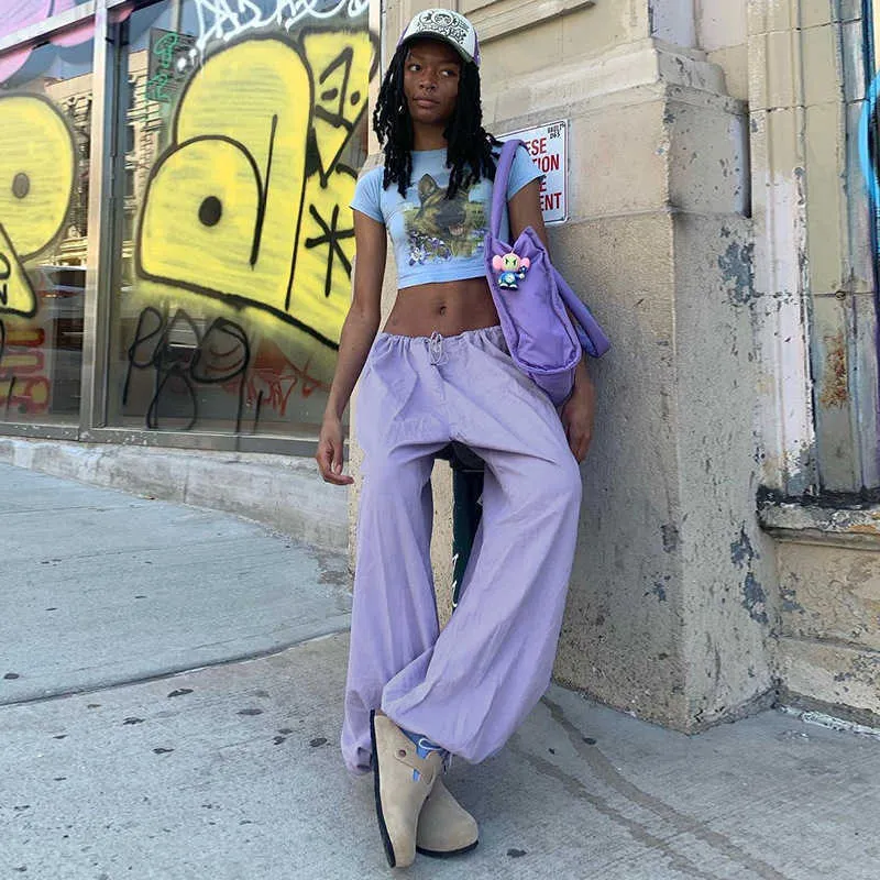 Womens Y2K Parachute Pants: Blue Baggy Cargo Sweatpants, Low Rise