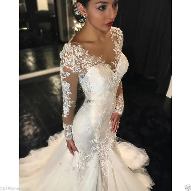 Plus storlek sjöjungfru bröllopsklänning spets v hals arabiska aso ebi långa ärmar sexiga brudklänningar klänningar romantiska applikationer rufsar klänningar