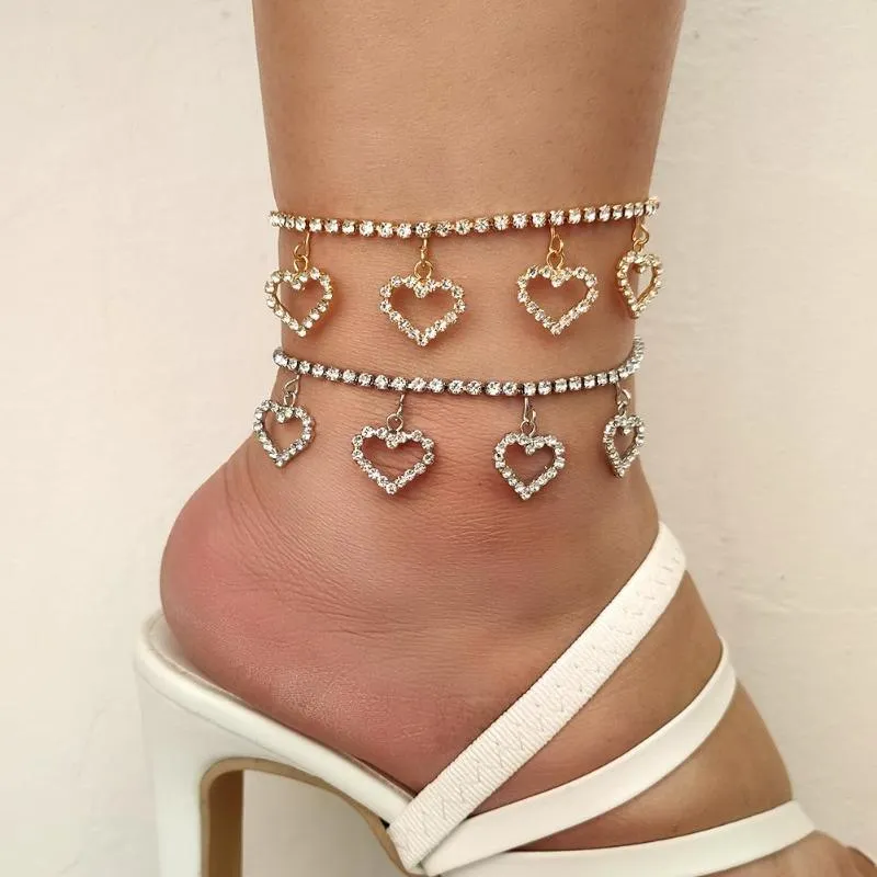 Anklets Trendy Luxury Rhinestone Heart Bracelet For Women Bling Crystal Chain Anklet Summer Beach Sandals On Leg Foot Jewelry