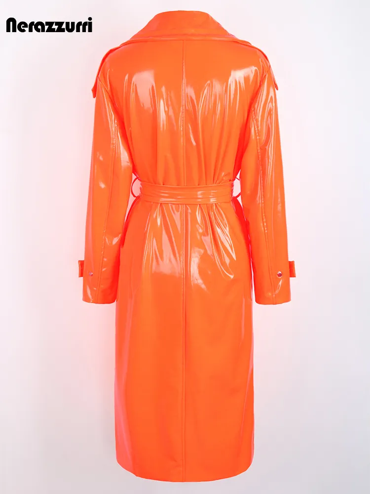 Womens Faux Leather Trench Coat, Long Loose Shiny Reflective Patent Leather  Jacket With Sashes, White/Orange From Jiao02, $96.34