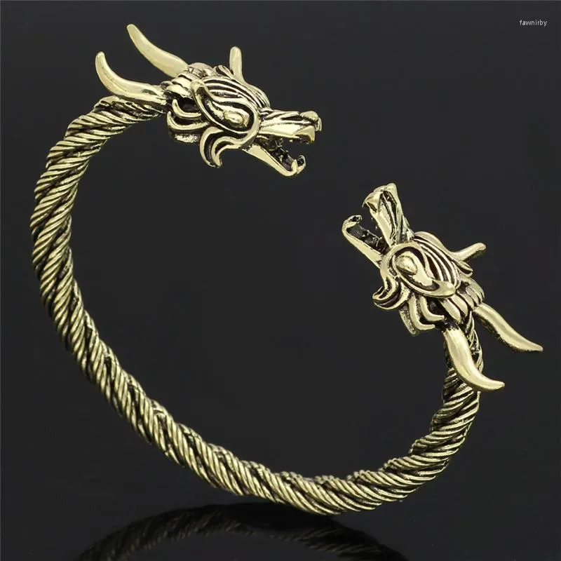 Bangle Vintage Dragon Head Open Nordic Viking Antique Twisted Mönster snidade armbandsmycken gåvor med låda