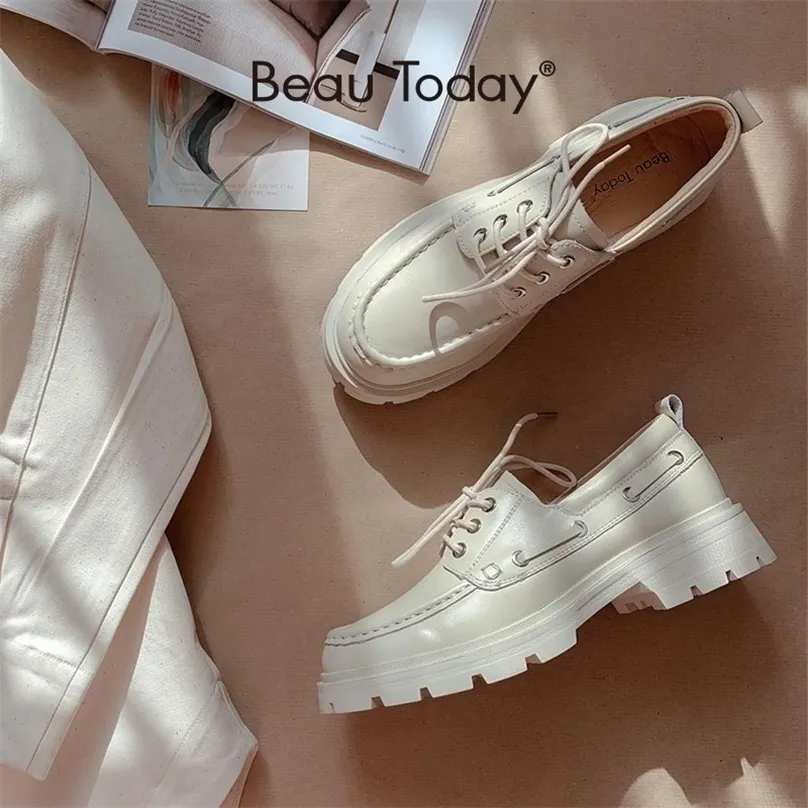 Dress Shoes Beautoday Platform Women Genuine Cow Leather Round Toe Sewing Lace-up Flats Chunky Sole Ladies Derby Handmade 27739 220926 GAI GAI GAI