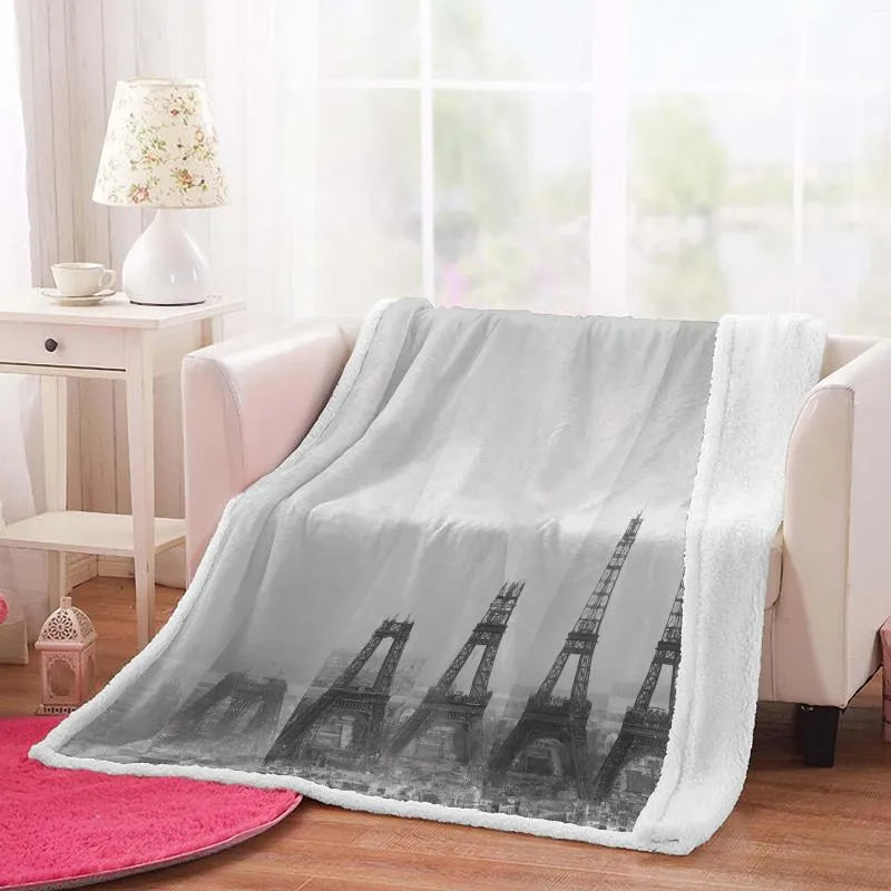 Battaniyeler 3d Eyfel Kulesi Baskılı Flanel Polar Battaniye Siyah Beyaz Kanepe Yatak Seti Yetişkin Manzaralı Araba Seyahat Nap