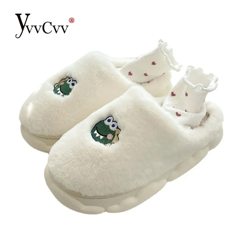 Slippers yvvcvv Симпатичные пушистые женщины зимние теплые меховые тапочки толстая платформа для платформы для крытого открытого пена с воспоминанием 220926