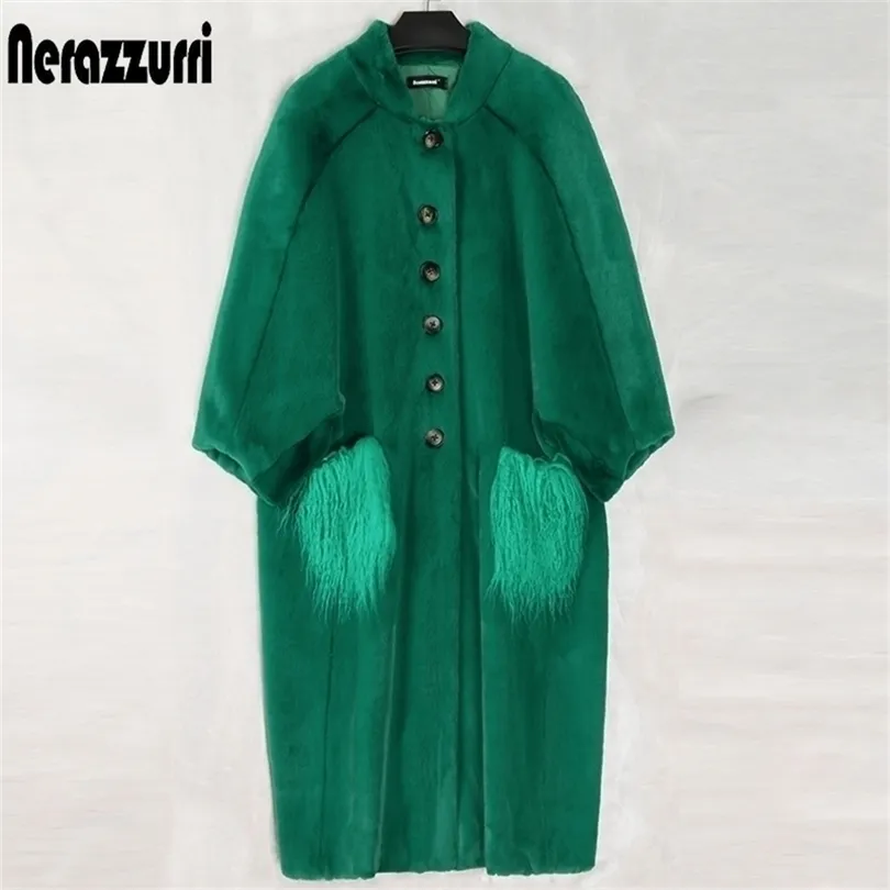 Womens Fur Faux Nerazzurri Oversized Green Long Fluffy Coat Women Bat Sleeve with Mongolian Pockets ry Coats Korean Fashion 220926