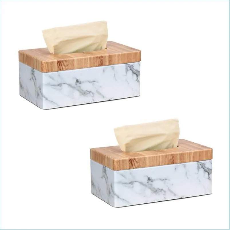 Scatole di fazzoletti Tovaglioli 2X Rectangar Marble Pu Facial Grain Box Er Portatovaglioli Dispenser di asciugamani di carta Contenitore per la decorazione domestica Drop De Dhb1G