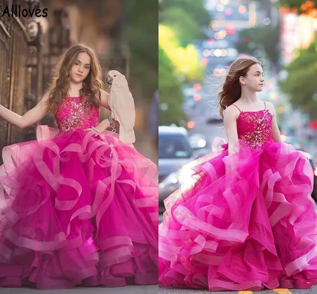 Fuchsia fuchsia flower girl فساتين لحفل الزفاف الدانتيل اللامع تراجعت الأشرطة السباغيتي ليتل فتاة عيد ميلاد حفلة عيد ميلاد طفل طفل فستان رسمي cl1201