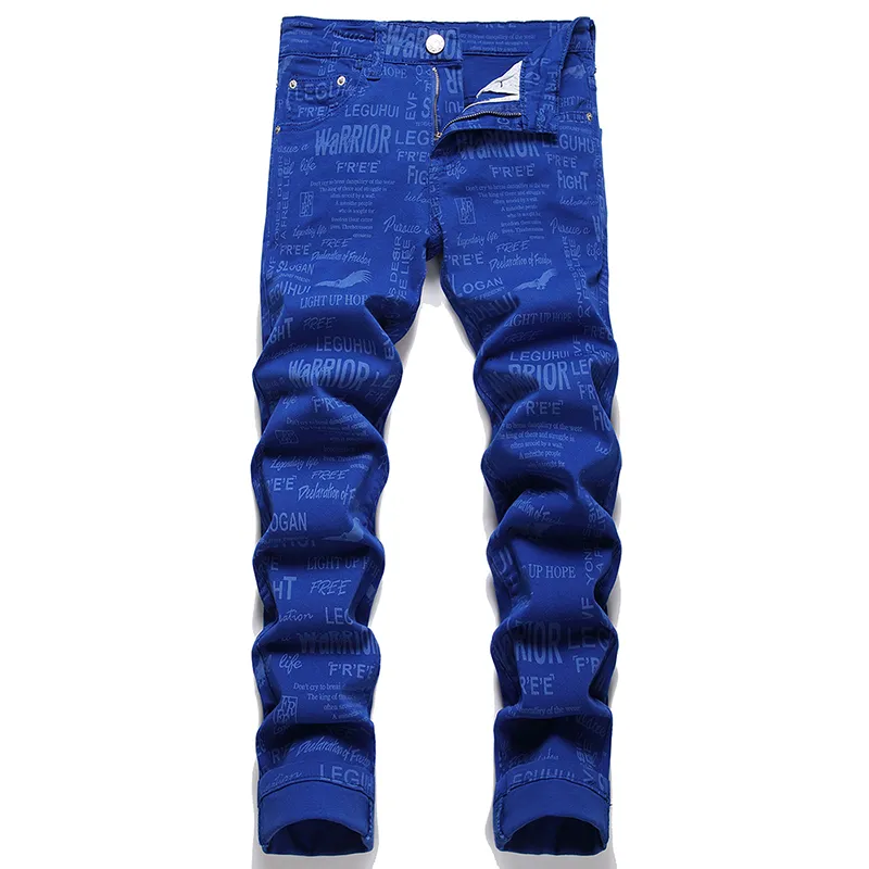 Slim Fit Stretch Men's Letter Print Blue Jeans Summer Street Pantalones Otoño Casual Cotton Denim Pantalones Pantalones de hombre