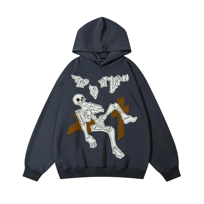 Men Hoodie Sweatshirt Y2K Hip Hop Borduurwerk Skelet Letter Hooded Streetwear Harajuku Casual losse punk gotische pullover