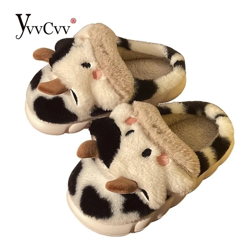 Slippers yvvcvv mooie dieren vrouwen fuzzy koeplatform winter warme pluche dia's indoor pluizige bont schoenen 220926