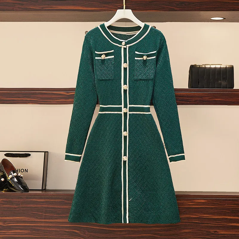 Runway Designer Women Single Breasted Sweater Dress Spring Autumn Green Plaid Knitting Bright Silk Vestido S-4Xl 251