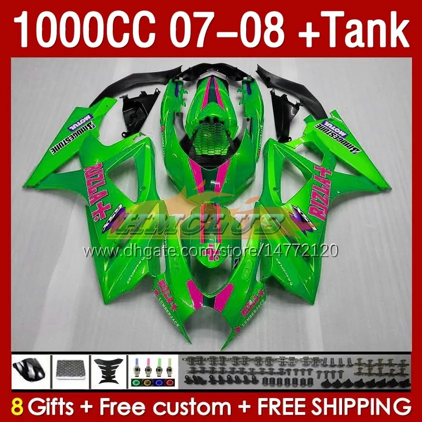 Kit Tank Caidings para Suzuki GSXR1000CC GSXR 1000 CC 1000CC 07-08 Bodywork 158No.134 GSXR-1000 GSXR1000 K7 07 08 CUERPO GSX R1000 GSX-R1000 2007 2008 CARRETA Green Stock