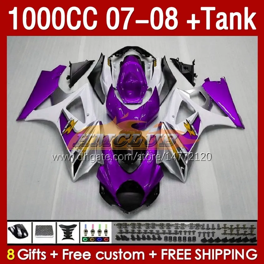 Fairings Kit & Tank For SUZUKI GSXR1000CC GSXR-1000 K7 GSXR 1000 CC 07-08 Bodywork 158No.101 1000CC GSXR1000 2007 2008 Body GSX-R1000 GSX R1000 07 08 Fairing white purple