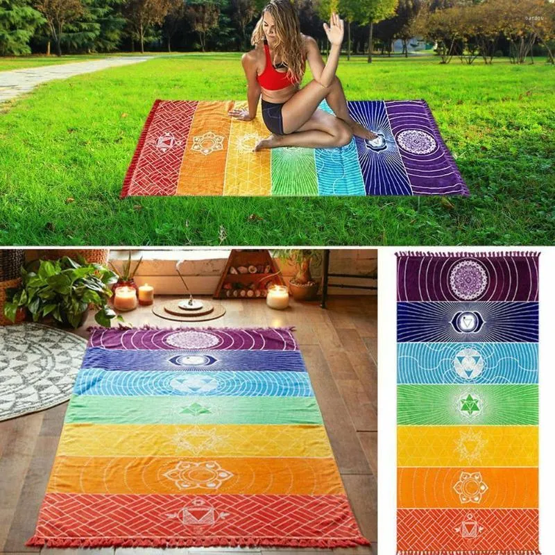 Decken 1pcs Quasten einzelner Regenbogen -Chakra -Wandteuch Handtuch Mandala Streifen Polyester Mat Beach Reise Yoga Boho J6r0 Decke
