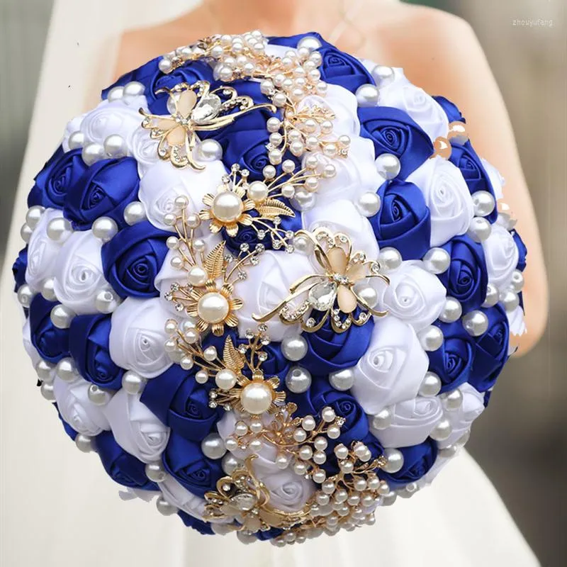 Dekorativa blommor 1 st/parti Royal and Blue Ilver Artificial Bouquets Diamond Crystal Marriage Wedding Bouquet Rose Bride