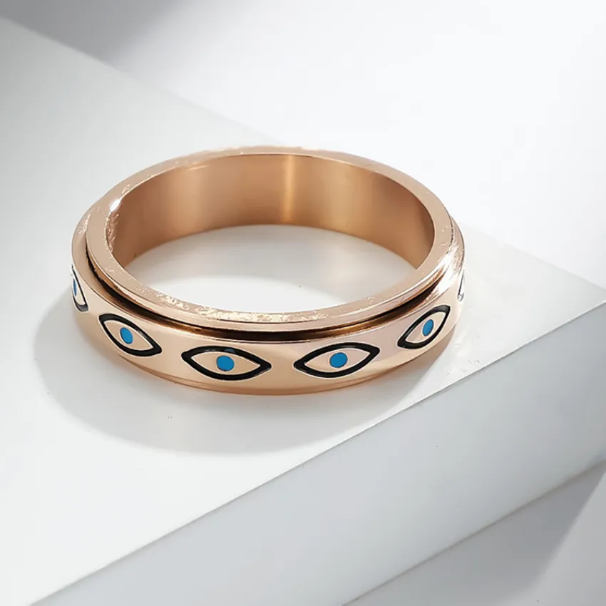 Drehbare Edelstahl-Ringe mit blauem Auge, Band, Relief, Angst, Auge Gottes, Ringe für Männer und Frauen, Eheringe, Modeschmuck