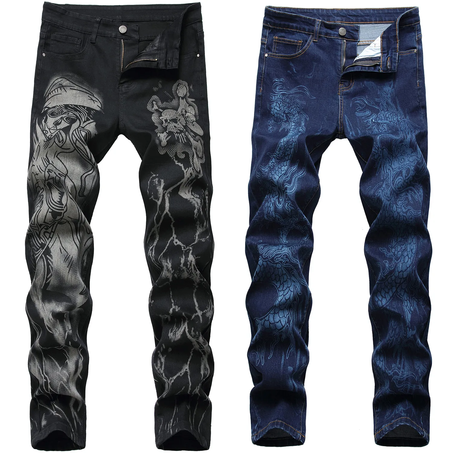 Jeans masculinos Mens High Street Tiger Prinha calças de calça de bruxa Designs Slimming Casual Men Dragon Classic Black Blue 220927