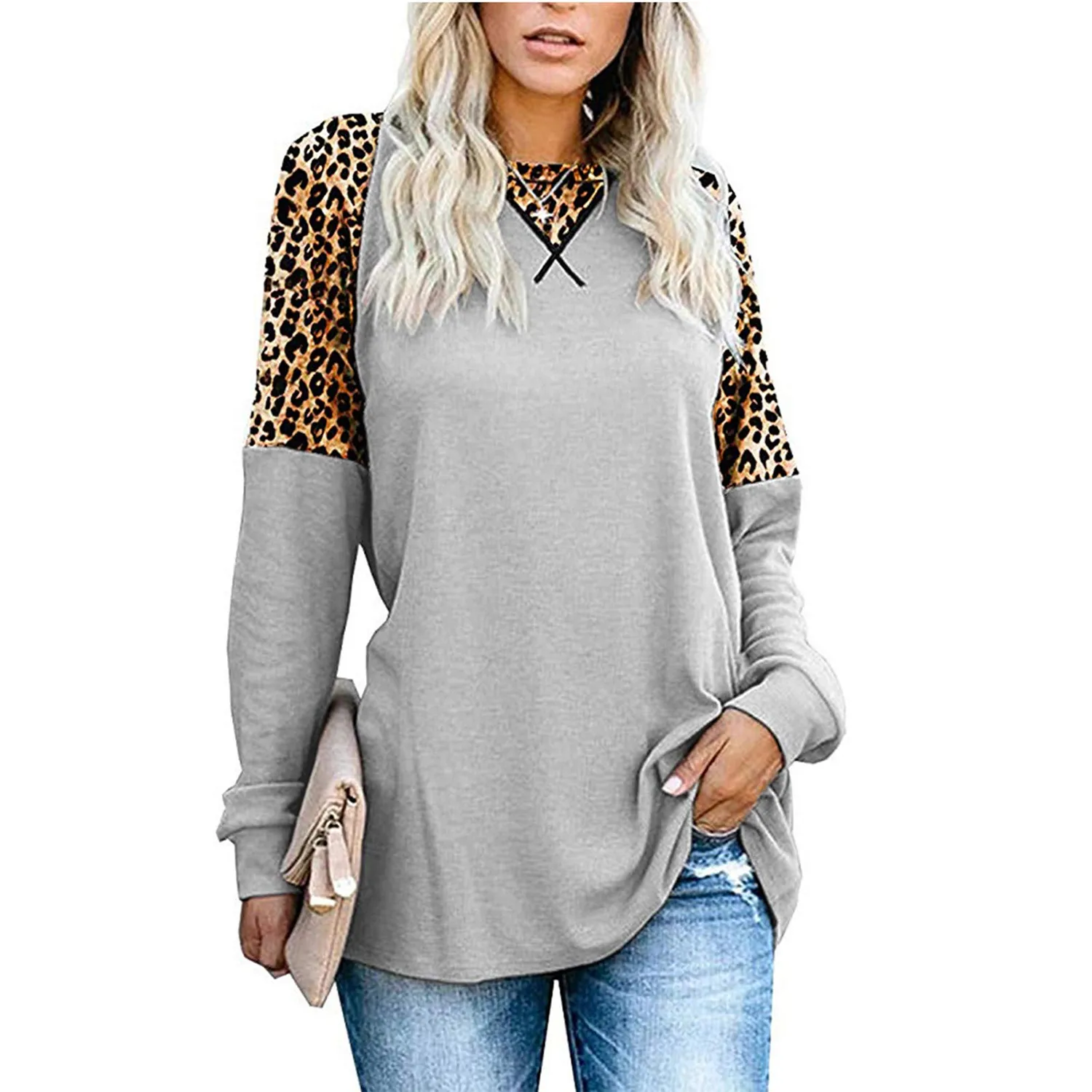 Women's Long Sleeve Tee Round Neck Blouse Leopard Printed Patchwork T-Shirts