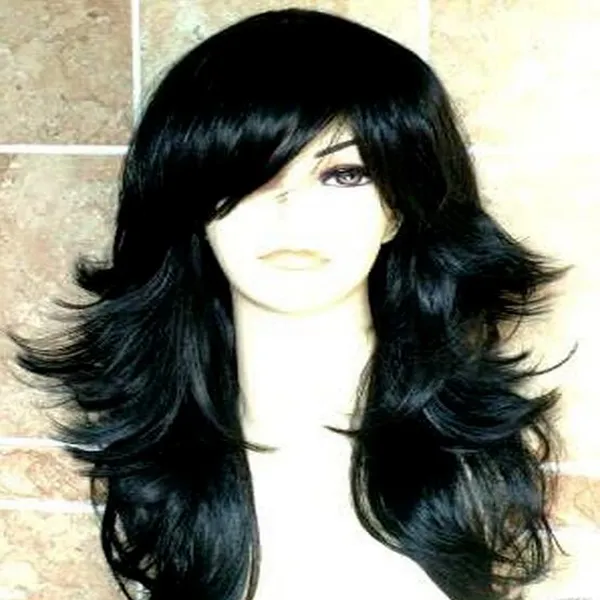 Bayan peruk uzun doğal siyah moda peruk ile saçak konik katmanlı düz peruk