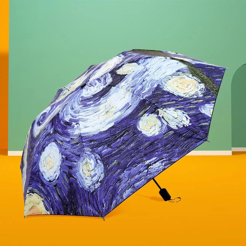Manuel Şemsiye 8 Kaburga Üç Katlanır Şemsiye Van Gogh Yağlı Boya Yıldızlı Gece Kadın Rüzgar Geçirmez RRB15888