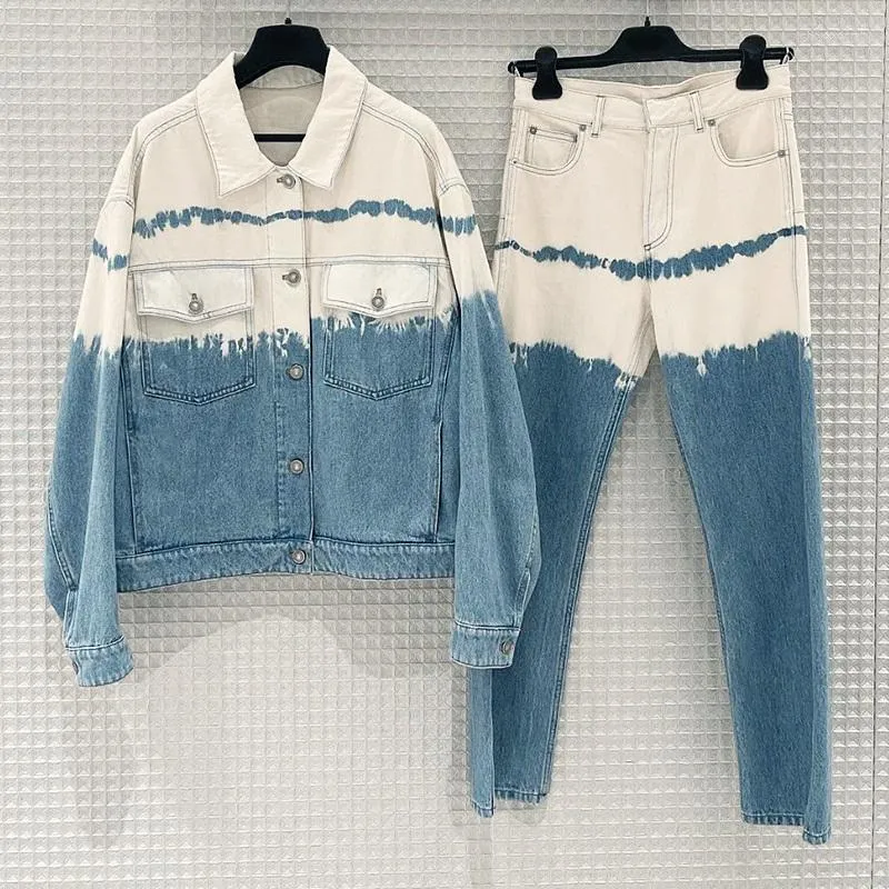 Women's Two Piece Pants Women's Elegant Denim Suit Women Fashion Runway Tie Dye Long Sleeve Casual Profile Jacket Tops High Waist Jeans