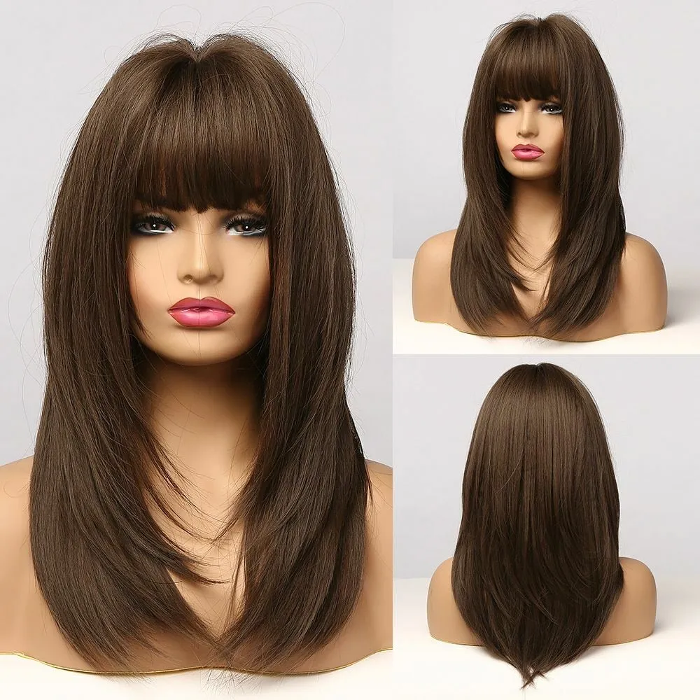 Medium Wavy Synthetic Wigs Dark Brown Bangs Natural Daily Cosplay Women Bob Hairr wig