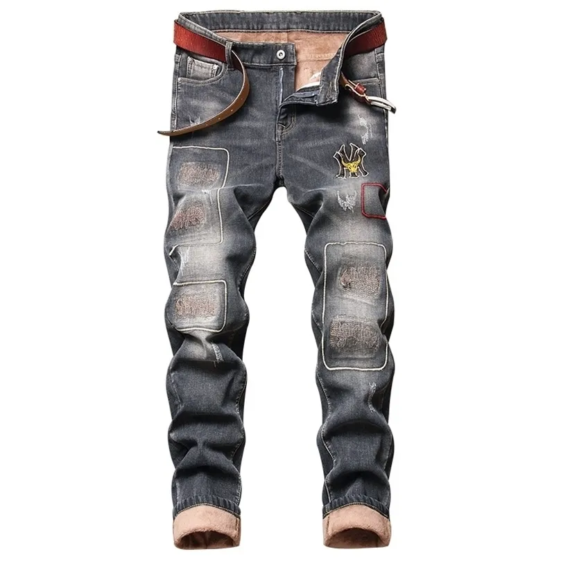 Mens jeans heren plus fluweel winter groot formaat slanke strak gat patch borduurwerk dik 220928
