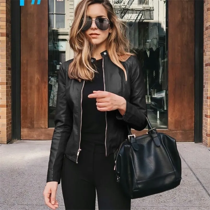 Women's Leather Faux Casual Woman Zipper Jacket Spring Fashion Long Sleeve O-neck Pure Color Jackets For Women Black Slim Pu Veste Femme 220928