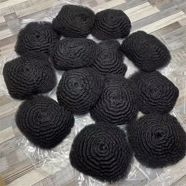 4mm Afro Kinky Curl Brésilien Vierge Pièce de Cheveux Humains Noir Couleur Mono Dentelle avec PU Toupet pour Hommes Noirs Livraison Express Rapide