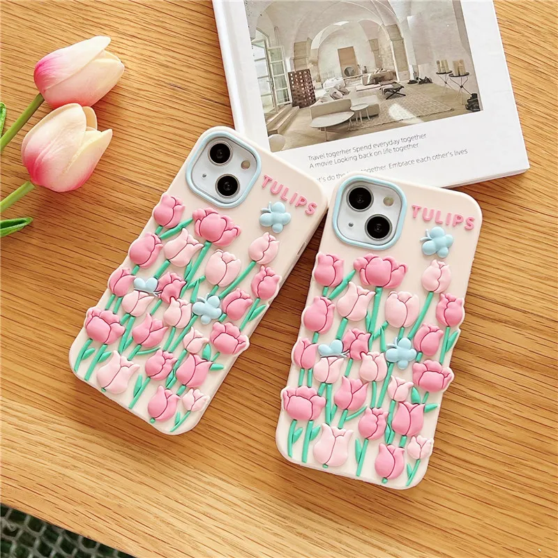 Cajones 3D Tulip Soft Silicon para iPhone 14 Plus 13 12 11 PRO MAX Star Tel￩fono m￳vil Capa Funda Shock Proight Anti-Fall Hermosa Floral Case Floral