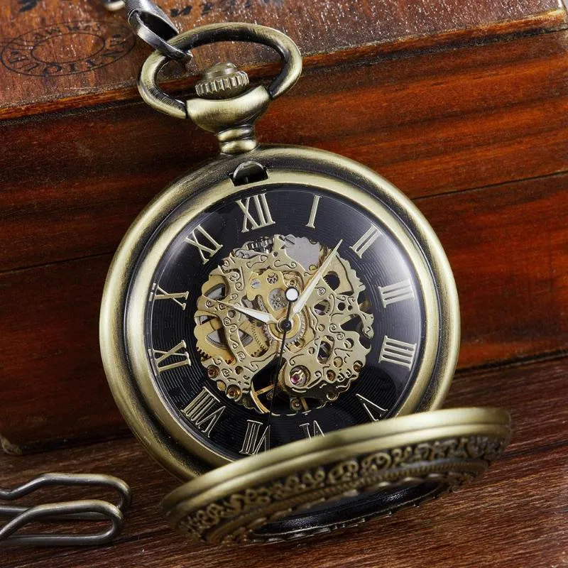 Pocket Watches hohle mechanische Uhren Harvest Symbol Steampunk Skelett Handwinding FOB mit Kette f￼r M￤nner Frauen Anh￤nger Retro