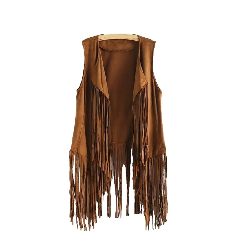 Kvinnors västar Jaycosin Coat Autumn Winter Fashion Suede Ethnic Tassels fransade Cardigan Kvinnliga ärmlösa jackor 220928