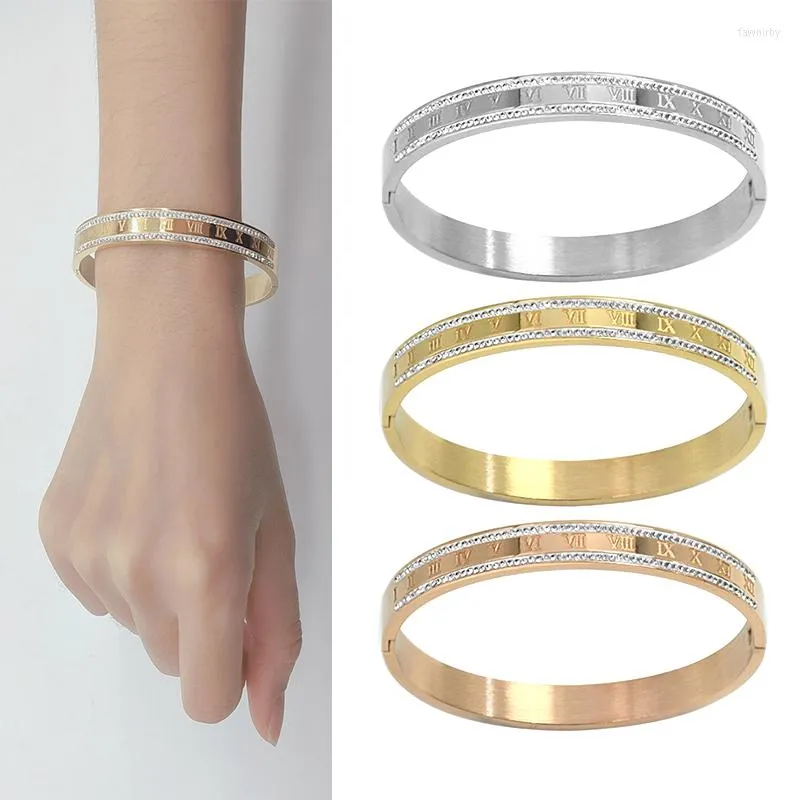 Bangle Hand Bracelets For Women Brand Top Quality Color Gold Stainless Steel Jewelry Inlay CZ Crystal Letter Noble Cuf