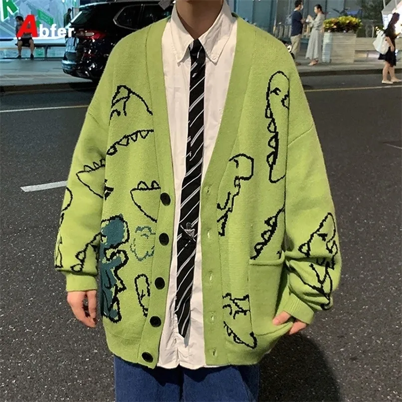 Herrtröjor Abfer Autumn Oversize Cardigan Men Sticked Dinosaur tröja Streetwear Loose Mane Women Coat Doodle Hip Hop Mönster Winter 220928