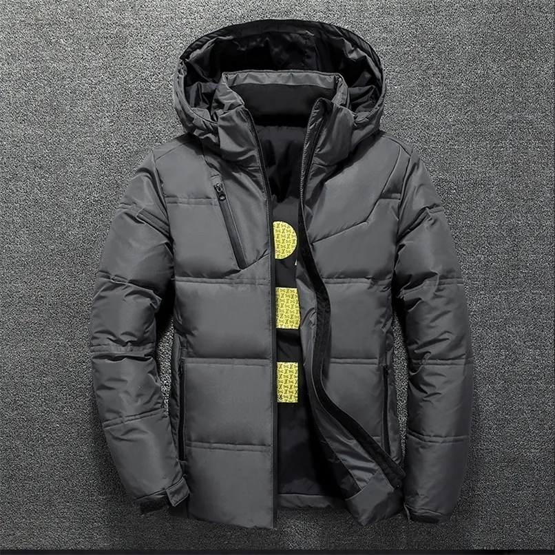 Herrarna ner parkas vit anka jacka män vinter varm solid färg huva rockar tjocka parka mens jackor utomhus kappa 220928