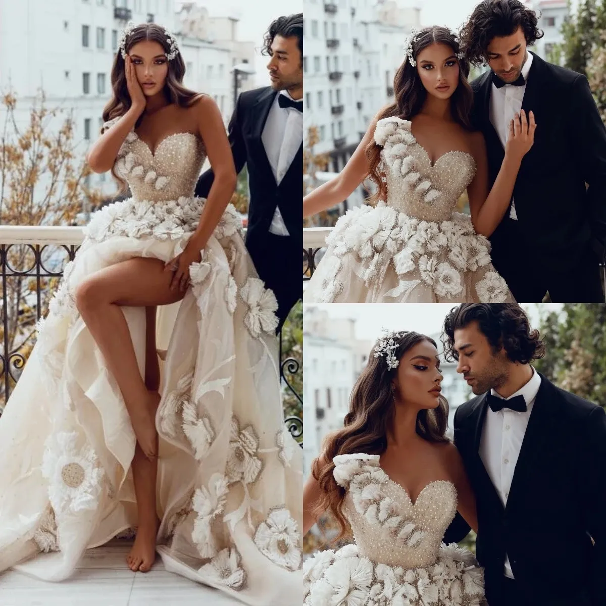 Abito da sposa fantasia con spacco laterale Una spalla Abiti da sposa con applicazioni floreali 3D Abiti da sposa con perline