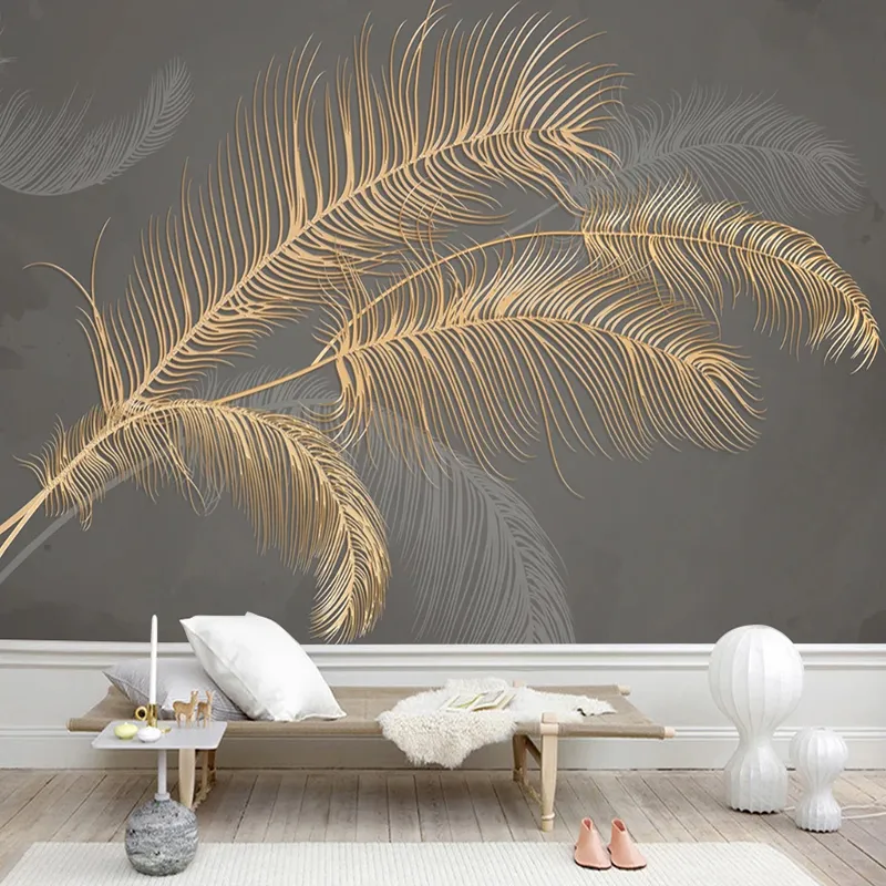 Bakgrundsbilder 3D Golden präglad modern fjäder Anpassad väggmålning Lyxigt vardagsrum Sovrums -TV Bakgrund Papper som täcker 220927