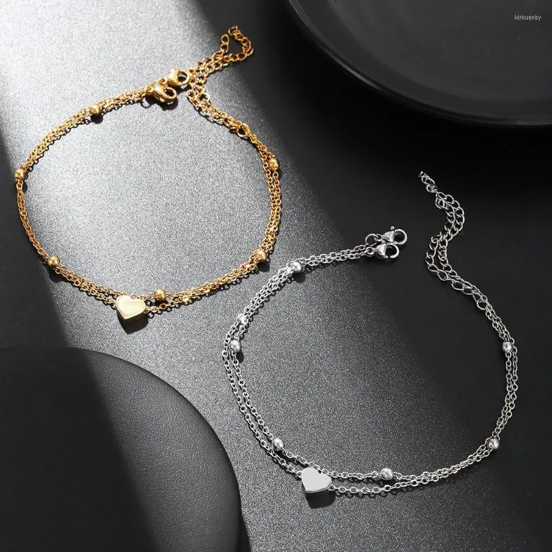 Anklets Fashion Double Stainless Steel Heart Beach Anklet Bracelet For Women Gold Peach 2022 Trend Beads Chain Jewelry