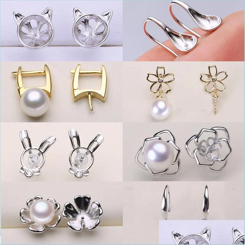 Configuración de joyería Pendientes de perlas 100% S925 Sterling Sier Configuración Pendiente de bricolaje para mujeres Niña Joyería de boda Regalo al por mayor Drop D DHDFL