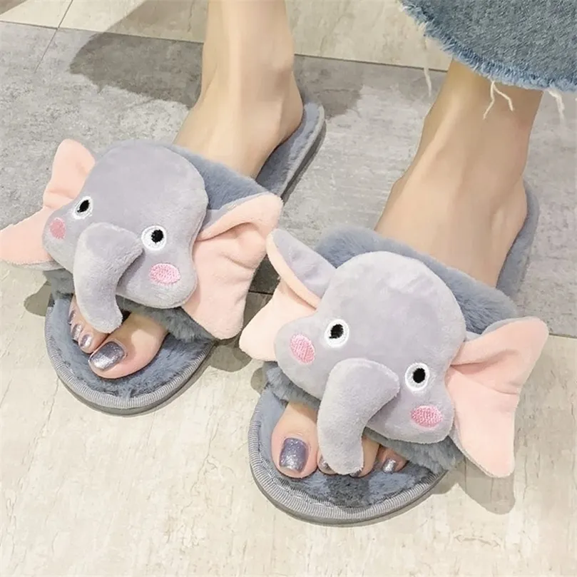 Slippers Indoor Winter femmes fourrure mignon dessin animé animal éléphant drôle filles