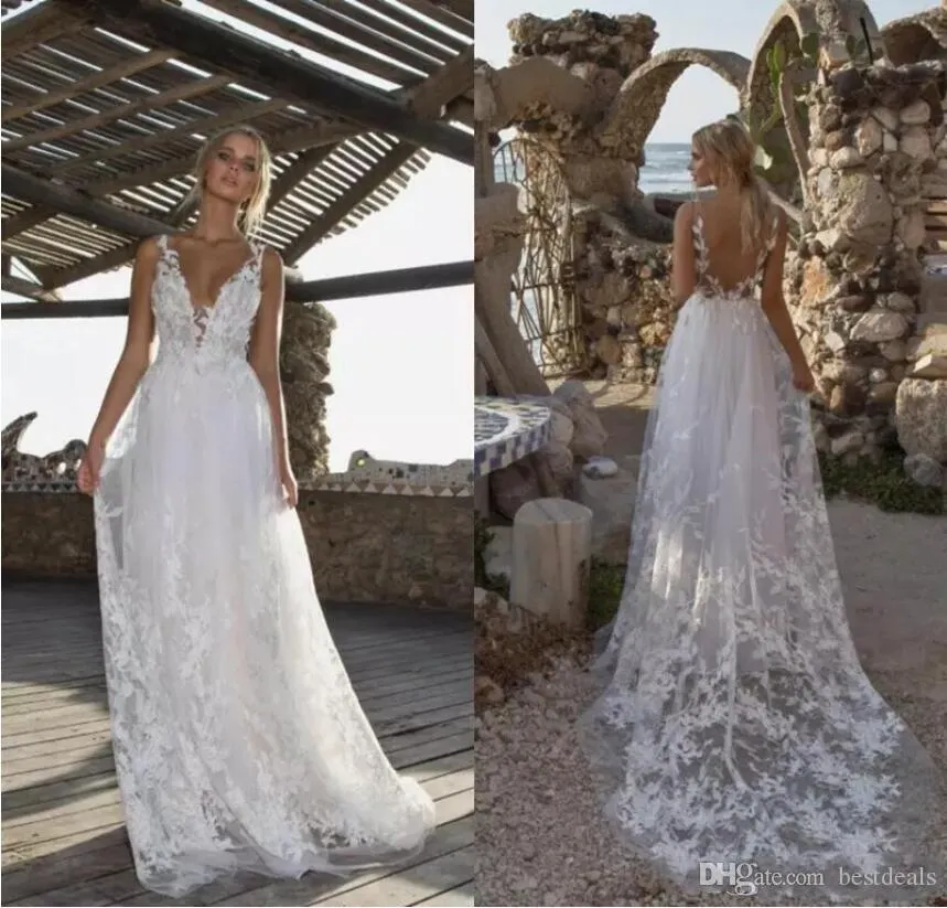 Abiti da sposa senza schienale in pizzo Abiti da sposa da spiaggia con applicazioni Collegamento speciale di abiti diversi