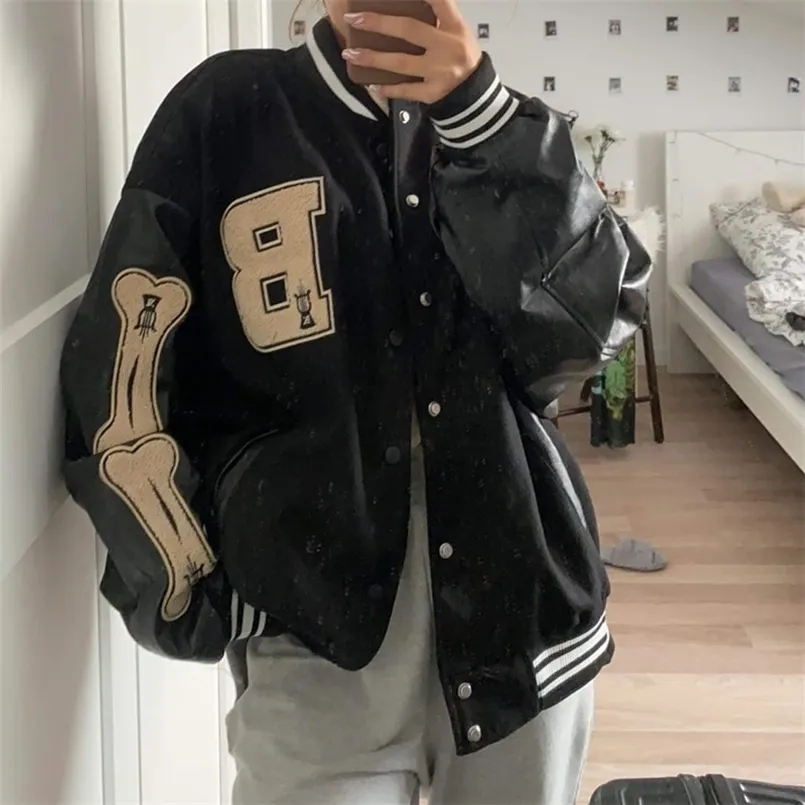 Women's Leather Faux Varsity Baseball Bomber Jacket Women Hip Hop Harajuku Bone Letter Patchwork Jackets Streetwear Men Unisex College Coats 220928