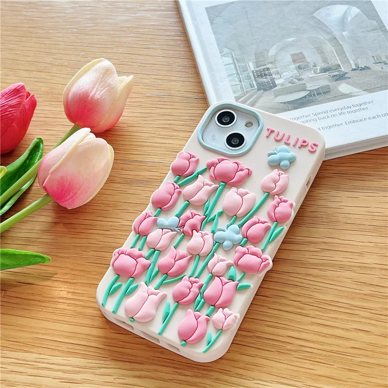 3D Tulip Soft Silicon Case na iPhone 15 14 Plus 13 12 11 Pro Max Star Telefon komórkowy tylna okładka CAPA FINDA SHOCKPROOP SHACK Anti-Fall Piękne kwieciste obudowy 