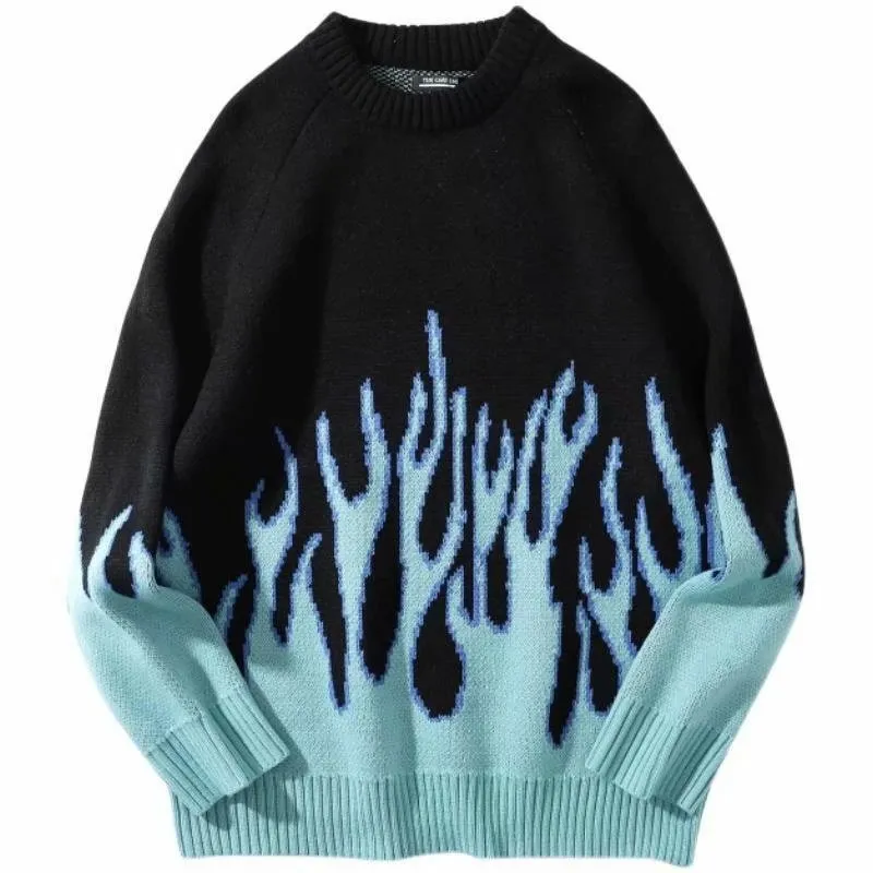 Mens Spring Sweaters Hip Hop Style Knitted Pullover Retro Flame